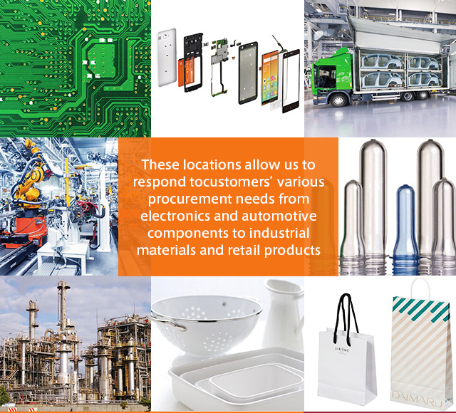 These locations allow us to respond to customers' various procurement needs from electronics and automotive components to industrial materials and retail products.